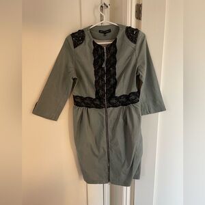 Elegant Grey Cotton Blend Coat / Dress with Black Lace and Beadings Accents